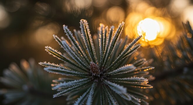 Frost-covered pine branch glowing with warm sunset light in winter forest