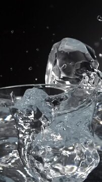 Ice cubes falling into a glass of water with splash in slow motion