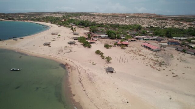Aerial view of Araya beach and coastal village, Venezuela.