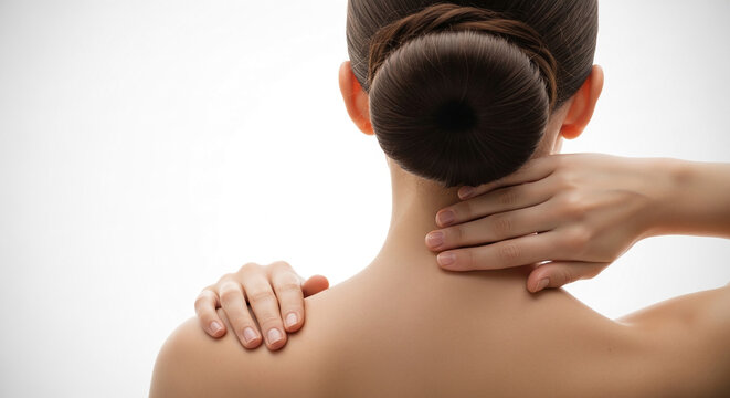 Back and neck of a person with a neat bun hairstyle, hands gently touching skin, suggesting care and well-being, ideal for health and beauty