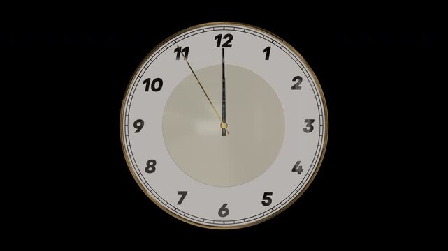 時計の針が11時59分50秒から12時00分10秒まで進む3DCG