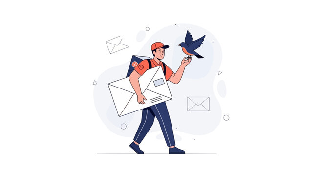 Postman delivering mail and interacting with a bird, vector illustration.