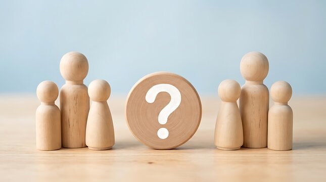 Wooden peg figures flank a circular wooden disc with a white question mark against a blue
