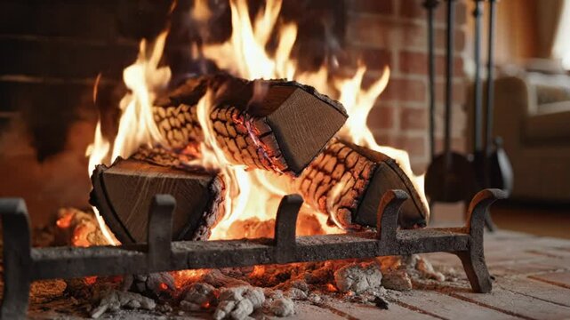 Cozy fireplace with burning logs and crackling flames in a warm and inviting living room setting