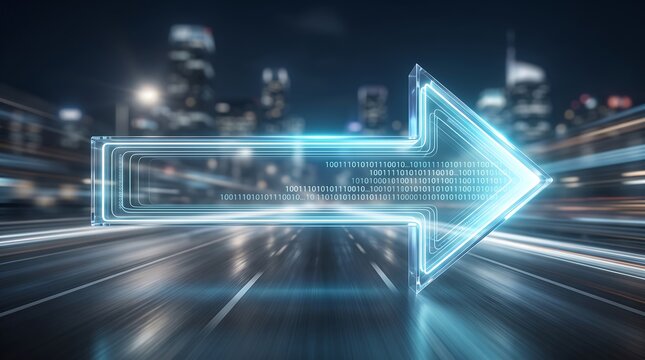 Digital transformation arrow shape with binary code overlaying city street at night concept of business growth and technological advancement in urban environment