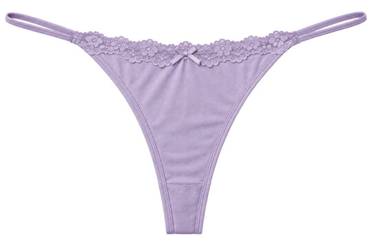 Women's European thong underwear, lace satin, lavender, narrow back and lace waistband. Studio shot isolated on white background, retail.