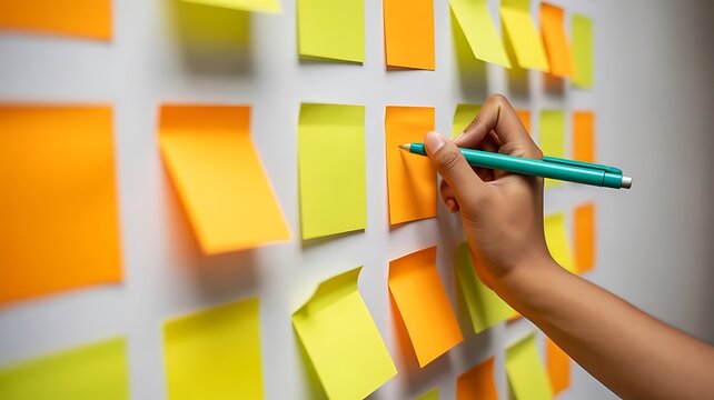 Hand holding a green pen writing on a yellow and orange sticky note attached to a white office wall, brainstorming and project management