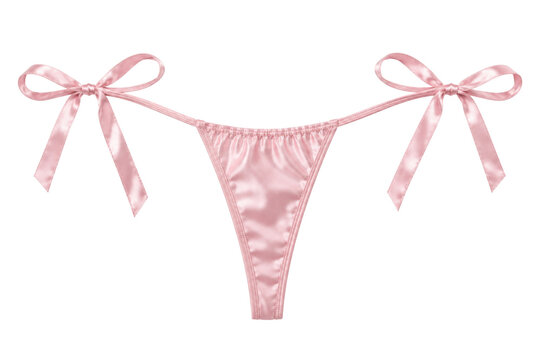 Women's string bikini underwear, lace satin, blush pink, side tie ribbon straps and narrow back. Studio shot isolated on white background, retail.