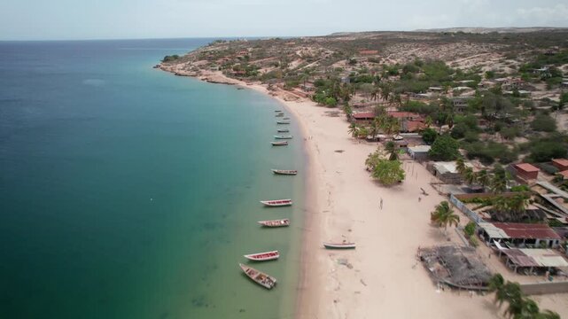 Aerial view of Araya coastline with fishing boats, Venezuela.