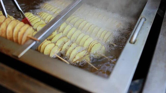 Spiral cut potato frying in deep fryer. Tornado potato snack being cooked in hot oil. Street food preparation with boiling oil and fried vegetable close up.