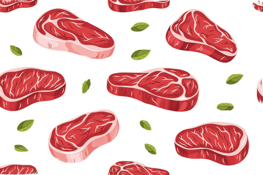 Seamless pattern featuring raw beef steaks and fresh green basil leaves on a white background, isolated on a, transparent background