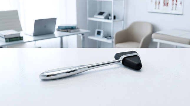 neurological reflex hammer resting on a clean white desk inside a bright modern medical clinic consulting room with clinical equipment and furniture creating a professional healthcare concept