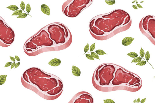 Seamless pattern featuring raw beef steaks, green herb leaves, and black peppercorns on a white background, isolated on a, transparent background