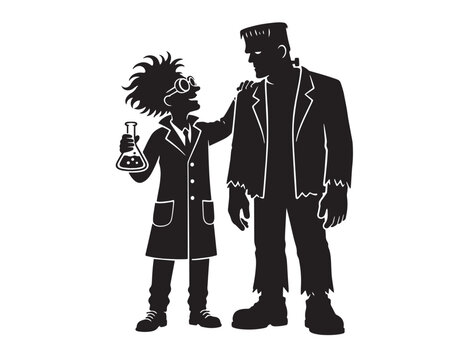 Mad scientist with flask and frankenstein monster black silhouette vector design