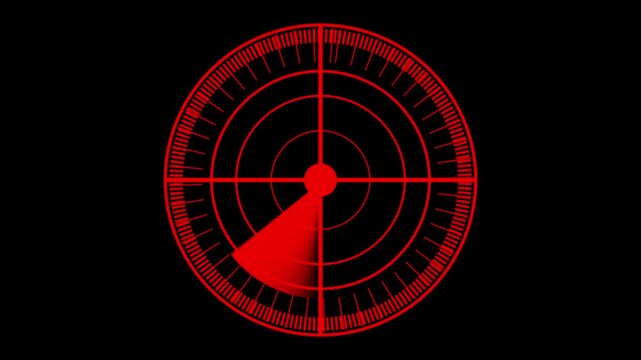 futuristic   red radar scanning interface with a rotating sweep displayed in a modern HUD style. alpha channel background for easy compositing and seamless looping. Ideal for navigation, security, etc