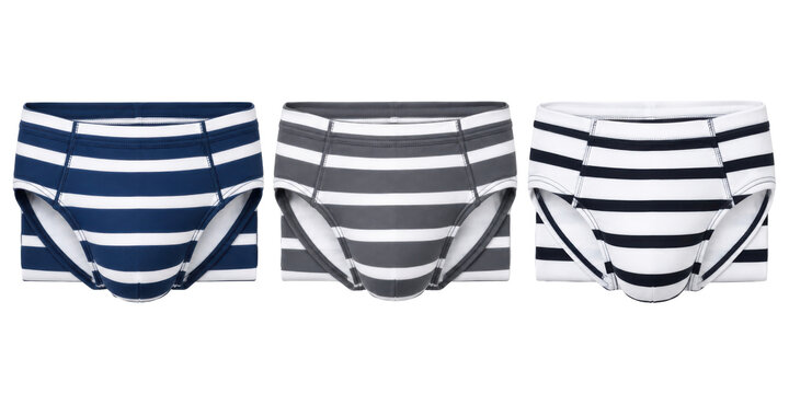 Men's swim style brief underwear three-pack, cotton blend, navy, grey and white stripe, contoured pouch and striped waistband. Studio shot isolated on white background, retail.