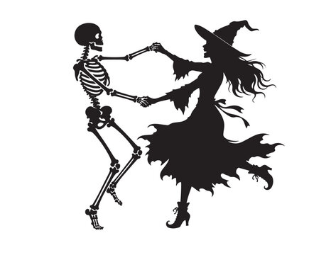 Spooky witch and human skeleton dancing together happily halloween party silhouette vector