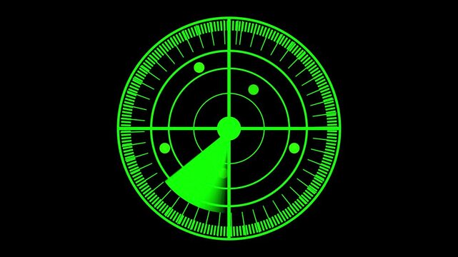 futuristic green radar scanning interface with a rotating sweep displayed in a modern HUD style. alpha channel background for easy compositing and seamless looping. Ideal for navigation, security, etc