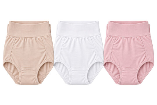 Women's postpartum recovery brief underwear three-pack, cotton blend, nude beige, white and blush pink, gentle compression panel and soft waistband. Studio shot isolated on white background, retail.