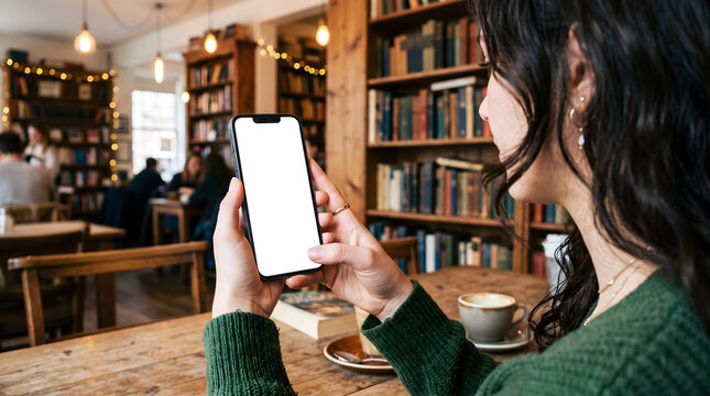 Hand holding mobile tapping blank screen UI mockup by woman in green sweater sitting at wooden table with coffee cup inside cozy literary book cafe with glowing fairy lights
