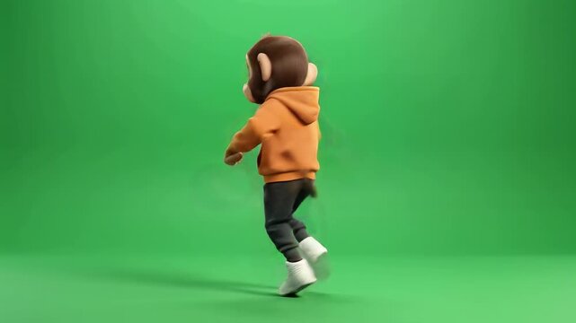 Dancing monkey character in orange hoodie performing fun hip hop moves