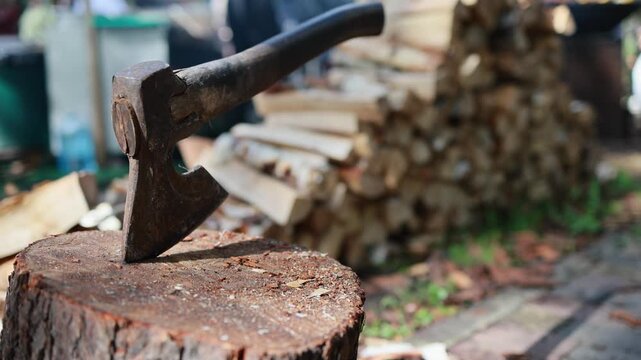 An axe is seen resting on a log in a backyard. Stacks of firewood are organized in the background. The activity shows preparation for outdoor heating and cooking.