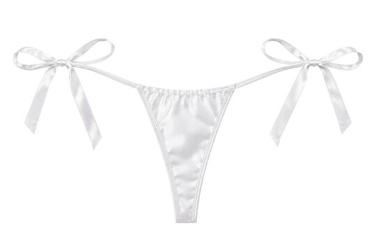 Women's string bikini underwear, lace satin, white, side tie ribbon straps and narrow back. Studio shot isolated on white background, retail.
