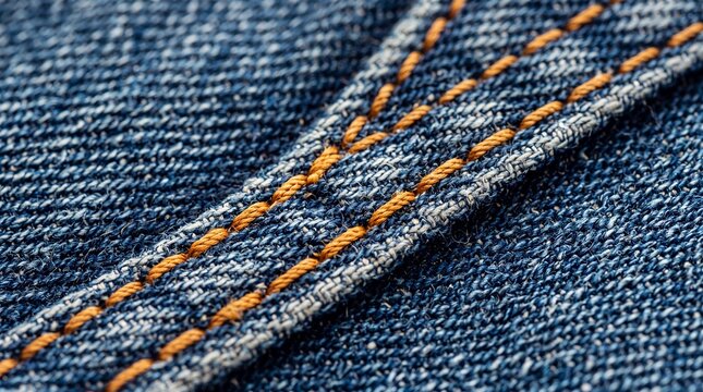 Macro Detail of Blue Denim Fabric with Orange Stitching