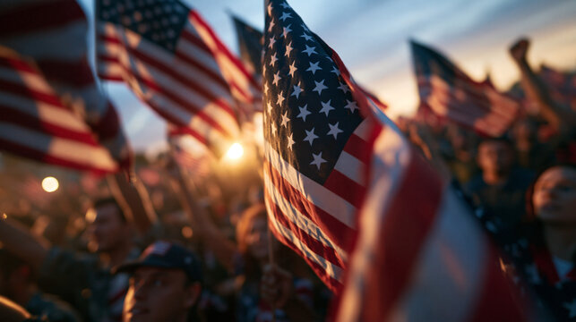 Crowd Waving American Flags During Patriotic Sunset Rally