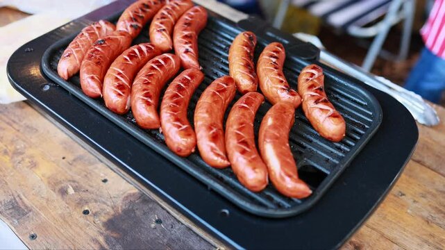 Grilled sausages cooking on electric grill pan at street food stall. Vendor in striped apron preparing fried bratwurst. Street food, barbecue and snack concept.