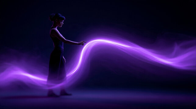 Woman Interacting with Glowing Purple Energy Wave