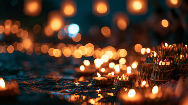 Illuminated Floating Lanterns on Water During Loy Krathong Festival