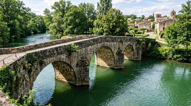 Stone bridge with three arches over emerald water, rippling reflections beneath the weathered structure, tranquil historic setting