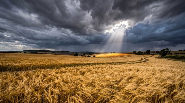Sunbeams Breaking Through Storm Clouds Over Wheat Field