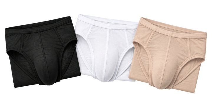 Men's micro modal slip brief underwear three-pack, micro modal jersey, black, white and nude beige, contoured pouch and flat elastic waistband. Studio shot isolated on white background, retail.