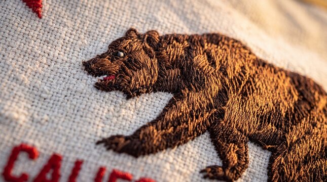 Embroidered California Republic Flag Bear Detail on Canvas
