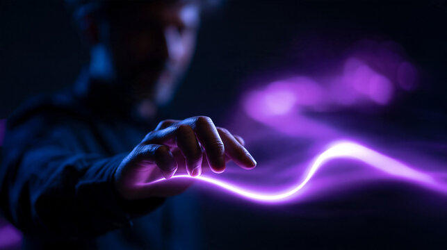 Hand Interacting with Glowing Futuristic Light Wave