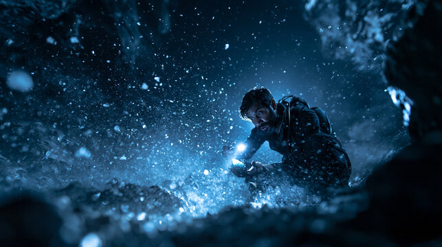 Explorer Examining Ground with Flashlight in Dark Cavern