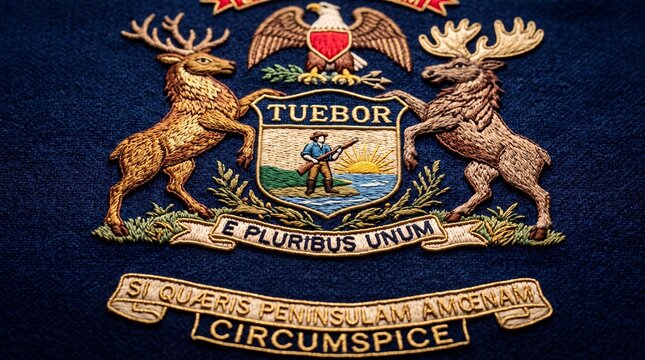 Embroidered Michigan State Coat of Arms on Blue Fabric