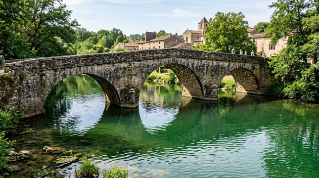 Stone bridge with three arches over emerald water, rippling reflections beneath the weathered structure, tranquil historic setting