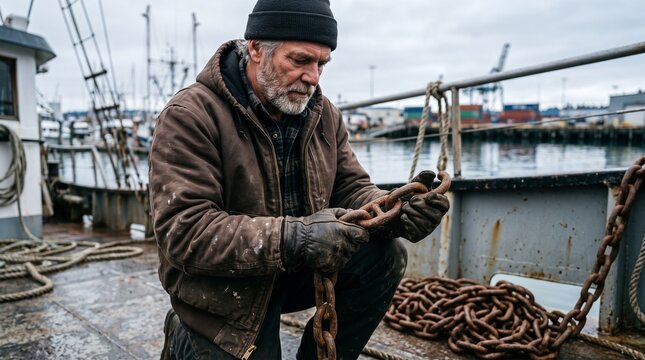 Fisherman Inspecting Heavy Rusty Chain on Boat Deck