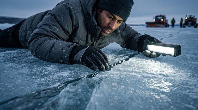 Man Inspecting Crack in Frozen Ice Road with Flashlight