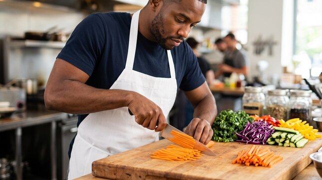 Chef slicing fresh carrots on cutting board in restaurant kitchen