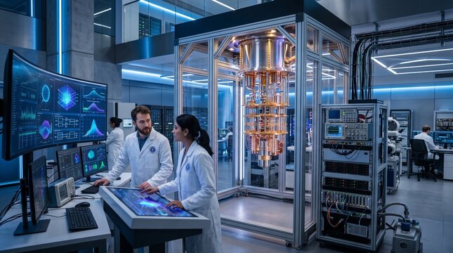 Scientists in lab coats examine data on a touch screen near a quantum computer in a futuristic laboratory.