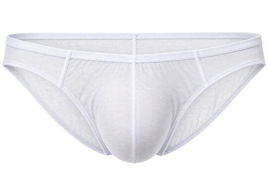 Men's micro modal slip brief underwear, micro modal jersey, white, contoured pouch and flat elastic waistband. Studio shot isolated on white background, retail.