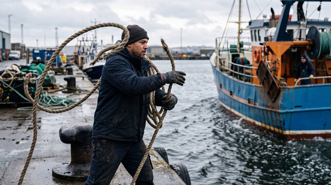 Fisherman Throwing Mooring Rope on Harbor Dock