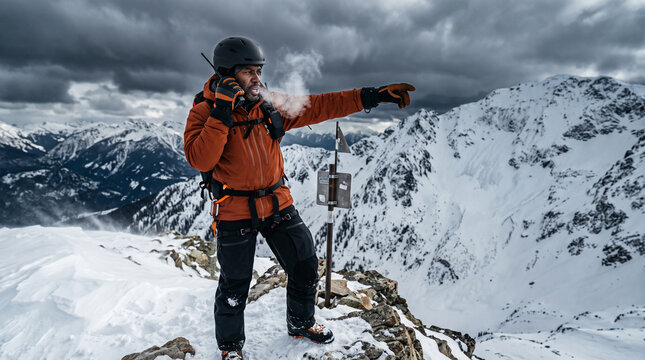 Mountain rescuer using radio on snowy winter summit