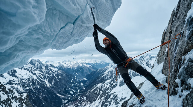 Extreme Ice Climber Ascending Snowy Mountain Overhang