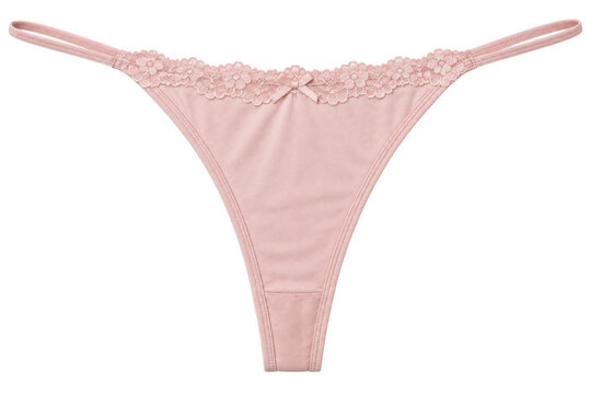 Women's European thong underwear, lace satin, blush pink, narrow back and lace waistband. Studio shot isolated on white background, retail.