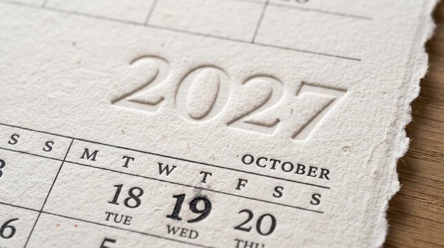 Close up of 2027 calendar page showing october dates with 2027 year header